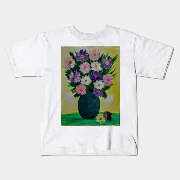 Some abstract flowers in purple and pink in a turquoise and gold vase . Kids T-Shirt by kkartwork